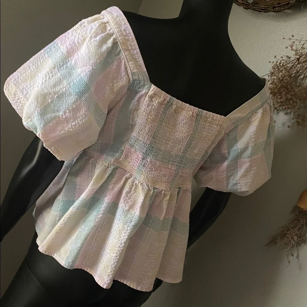 Old Navy Multicolor Plaid Puff Sleeve Blouse
